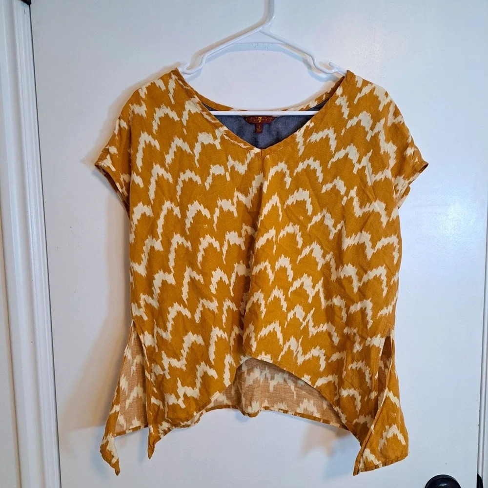 7‎ For All Mankind Women’s Yellow White Hand Woven Linen Blouse Size Small